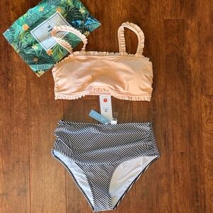 Cupshe NWT size large  Peach Ruffle Bikini Top and Striped Bottoms